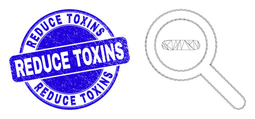 Web mesh reduce scale icon and Reduce Toxins seal. Blue vector rounded distress seal stamp with Reduce Toxins phrase. Abstract frame mesh polygonal model created from reduce scale icon.