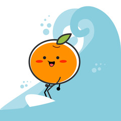 Obraz na płótnie Canvas Orange character concept illustration. Surfing in the summer. Surfing at sea. Cute cartoon orange style. Illustration vector.