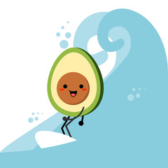 Avocado character concept illustration. Surfing in the summer. Surfing at sea. Illustration vector.