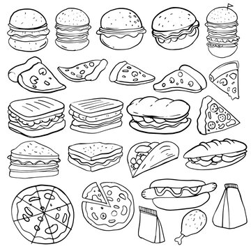 Set of hand drawn food isolated on white background, doodle set of fast food. Vector illustration