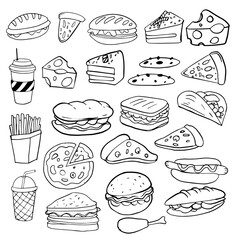 Set of hand drawn food isolated on white background, doodle set of fast food. Vector illustration