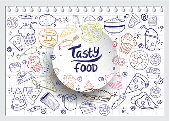 Set of hand drawn food isolated on white background, doodle set of fast food. Vector illustration