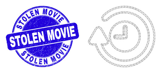 Web carcass rotate clockwise icon and Stolen Movie seal stamp. Blue vector rounded textured seal stamp with Stolen Movie phrase.