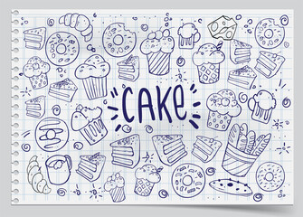 Set of drawings on the theme cakes. Cakes, pies, bread, biscuits and other confectionery products. vector illustration