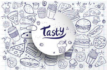 Set of hand drawn food isolated on white background, doodle set of fast food. Vector illustration