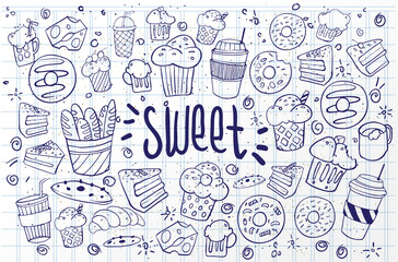 Set of drawings on the theme cakes. Cakes, pies, bread, biscuits and other confectionery products. vector illustration