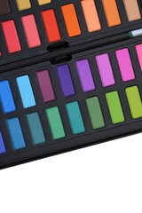 Watercolor paints set isolated on white background. multicolored watercolor paints.creativity and drawing.top view, copy space