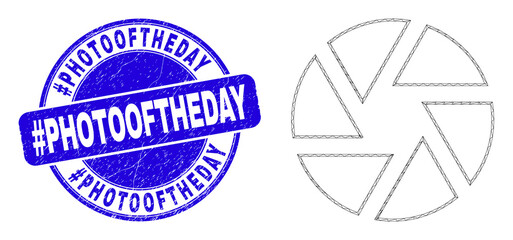 Obraz premium Web carcass shutter icon and #Photooftheday seal stamp. Blue vector rounded scratched seal stamp with #Photooftheday message. Abstract frame mesh polygonal model created from shutter icon.