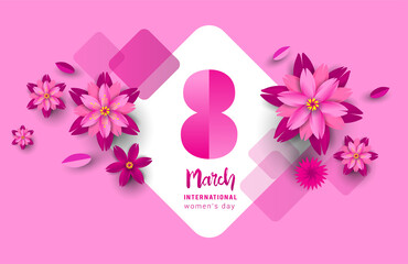 8 March. pink Floral Greeting card. International Happy Women's Day. Paper cut flower pink holiday background with space for text. Trendy Design Template. Vector illustration