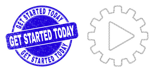 Fototapeta premium Web carcass start gear automation pictogram and Get Started Today seal. Blue vector round textured seal stamp with Get Started Today phrase.