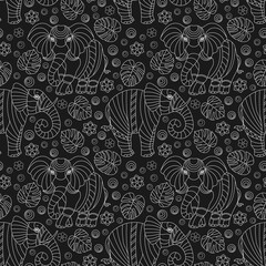 Seamless pattern with elephants, contour animals, flowers and leaves , light outlines on a dark background
