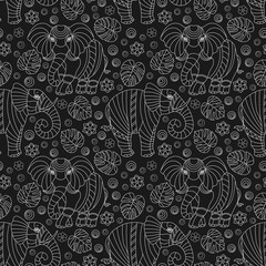 Seamless pattern with elephants, contour animals, flowers and leaves , light outlines on a dark background