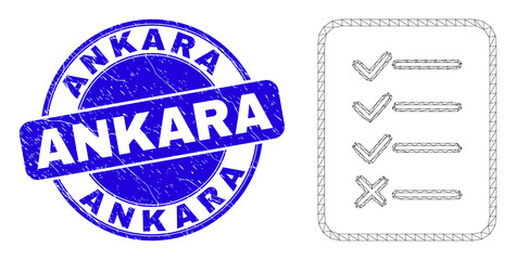 Obraz premium Web mesh task list page pictogram and Ankara stamp. Blue vector rounded textured seal stamp with Ankara message. Abstract carcass mesh polygonal model created from task list page pictogram.