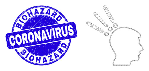 Web mesh test head pictogram and Biohazard Coronavirus stamp. Blue vector round grunge stamp with Biohazard Coronavirus message. Abstract frame mesh polygonal model created from test head icon.