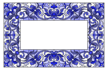 Illustration in stained glass style flower frame,  flowers and  leaves in frame, tone blue 