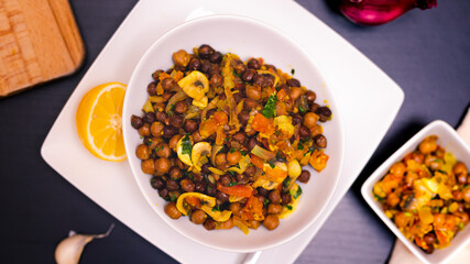 Top Down photo of Chickpea salad with Lemon, Onion and garlic clove