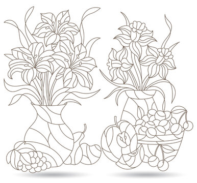 A set of contour illustrations of stained glass Windows with still lifes, fruits and flowers in vases, dark outlines on a white background