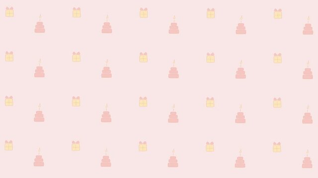 Happy birthday moving animation, looping and seamless animated video. Pink and yellow holiday celebration 4K intro or background with cake and gift box illustration