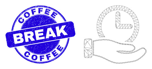 Web mesh time service hand pictogram and Coffee Break watermark. Blue vector rounded distress watermark with Coffee Break phrase.