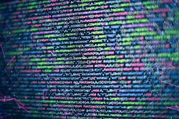 CSS, JavaScript and HTML usage. Monitor closeup of function source code. Abstract IT technology...