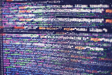 CSS, JavaScript and HTML usage. Monitor closeup of function source code. Abstract IT technology...