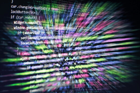CSS, JavaScript and HTML usage. Monitor closeup of function source code. Abstract IT technology background. Software source code.