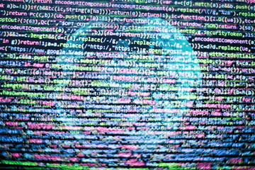 CSS, JavaScript and HTML usage. Monitor closeup of function source code. Abstract IT technology...