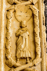 It's Statue on the Cathedral of St. Lawrence (Katedrala Sv. Lovre), a Roman Catholic triple-naved basilica constructed in Romanesque-Gothic in Trogir, Croatia. UNESCO World heritage