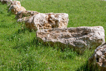 a row of large limestone boulders in a meadow