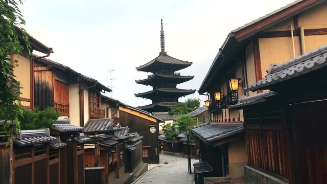 Gimbal footage at Yasaka Pagoda in Higashiyama Ward, Kyoto City and traditional townscape full of Japanese atmosphere.