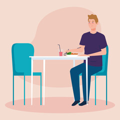 social distance in new concept restaurant, man eating on table, protection, prevention of coronavirus covid 19 vector illustration design