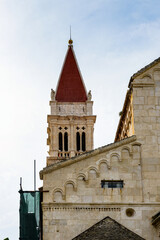Fototapeta na wymiar It's Cathedral of St. Lawrence (Katedrala Sv. Lovre), a Roman Catholic triple-naved basilica constructed in Romanesque-Gothic in Trogir, Croatia. UNESCO World heritage