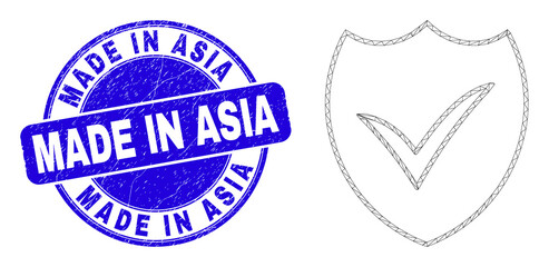Obraz premium Web mesh valid shield pictogram and Made in Asia stamp. Blue vector round distress stamp with Made in Asia caption. Abstract frame mesh polygonal model created from valid shield pictogram.