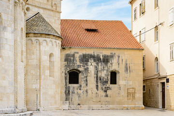 Fototapeta premium It's Cathedral of St. Lawrence (Katedrala Sv. Lovre), a Roman Catholic triple-naved basilica constructed in Romanesque-Gothic in Trogir, Croatia. UNESCO World heritage