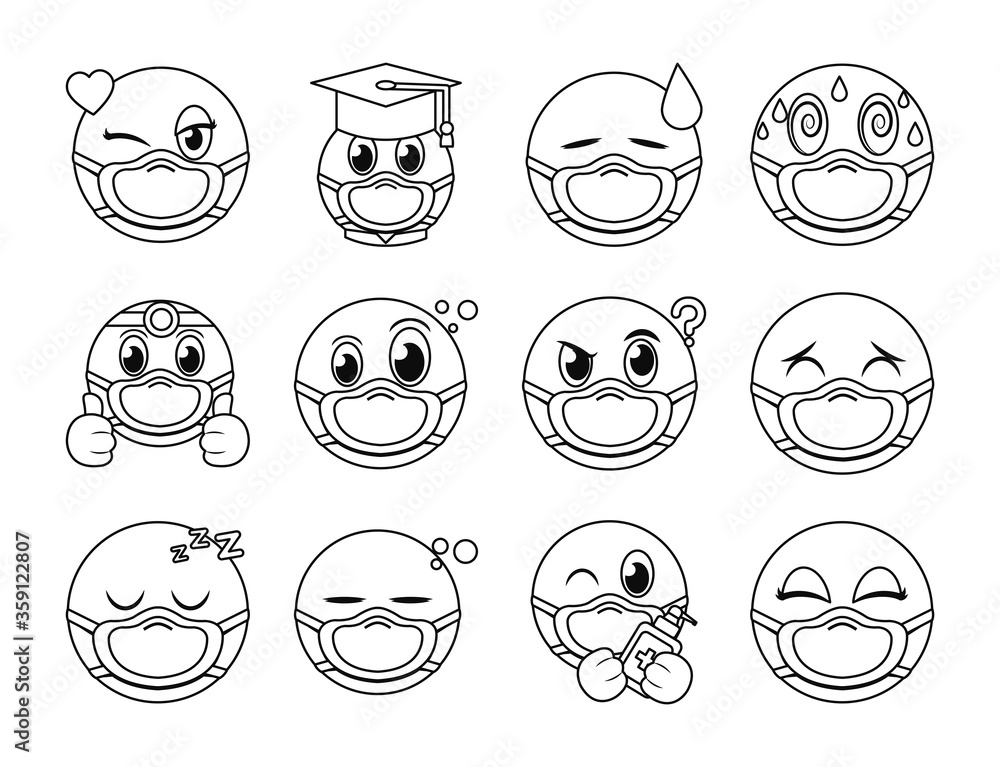 Poster emojis with masks line style icon set vector design