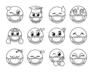 emojis with masks line style icon set vector design