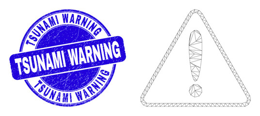 Web mesh warning pictogram and Tsunami Warning seal stamp. Blue vector round scratched seal stamp with Tsunami Warning phrase. Abstract frame mesh polygonal model created from warning pictogram.