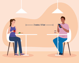 social distance in new concept restaurant , couple eating on tables, protection, prevention of coronavirus covid 19 vector illustration design