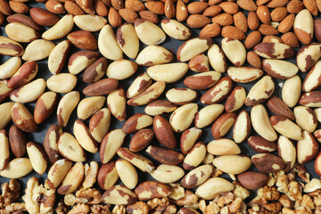 Brazil nuts, Almond nuts and walnuts are scattered evenly. Walnut background.
