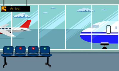Inside the airport hall.Waiting for the arrivals.The modern passenger terminal.Empty without passengers.There are chairs with spacing symbols,Social Distancing.