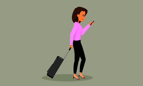 Cartoon character female travel with luggage and passport on the way to airport.Traveling woman with drag bag.