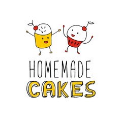 Home made cakes. Two cupcakes are smiling and dancing.