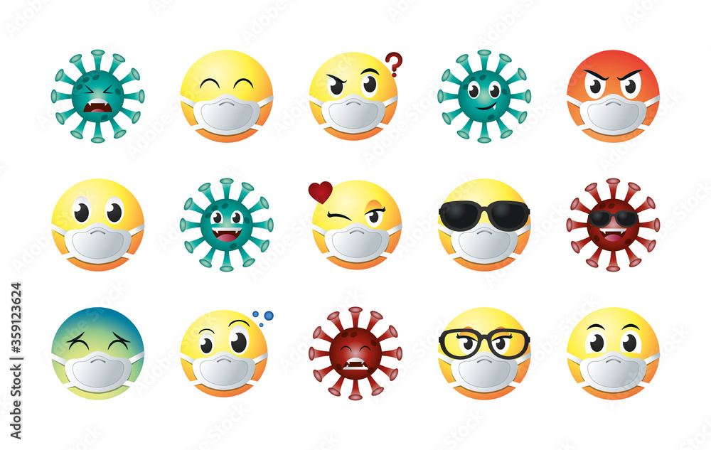 Poster emojis with masks gradient style icon set vector design