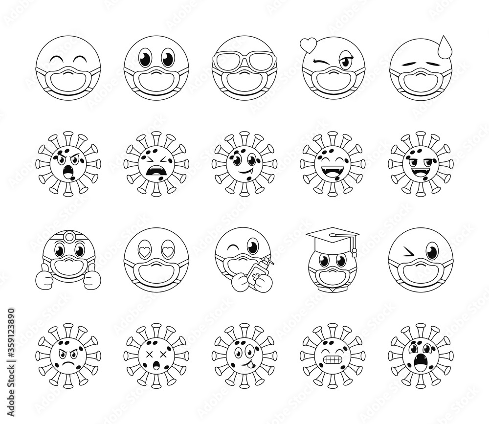 Poster emojis with masks line style icon set vector design