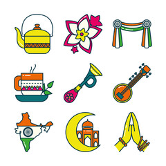 Indian line and fill style icon set vector design