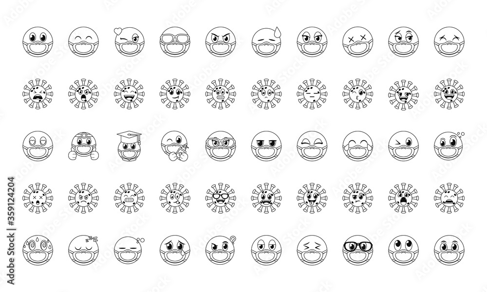 Poster emojis with masks line style icon set vector design