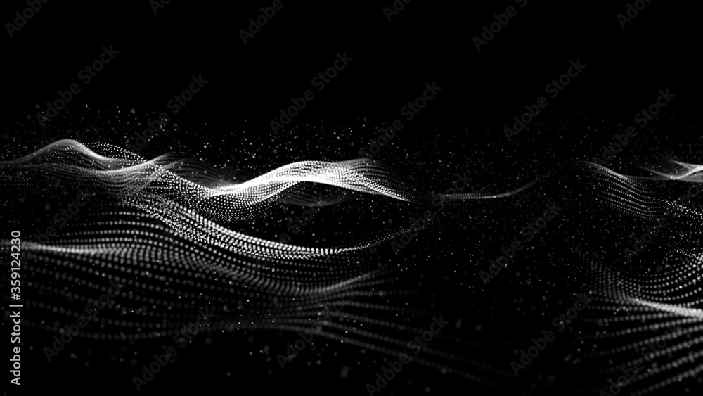 Poster black and white color digital particles wave flow with bokeh and dust, digital abstract background