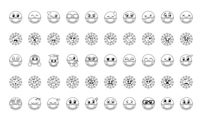 emojis with masks line style icon set vector design