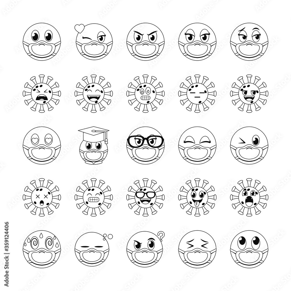 Poster emojis with masks line style icon set vector design