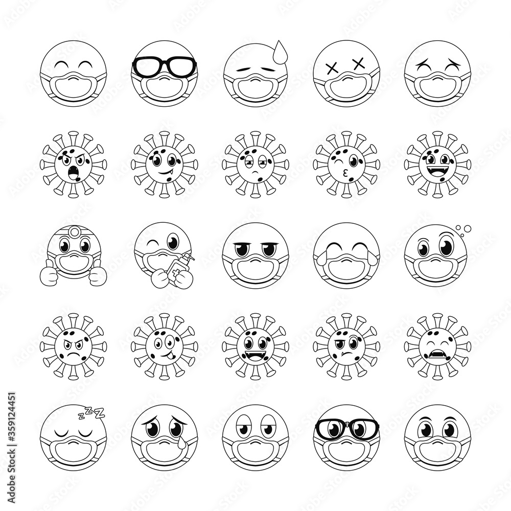 Poster emojis with masks line style icon set vector design